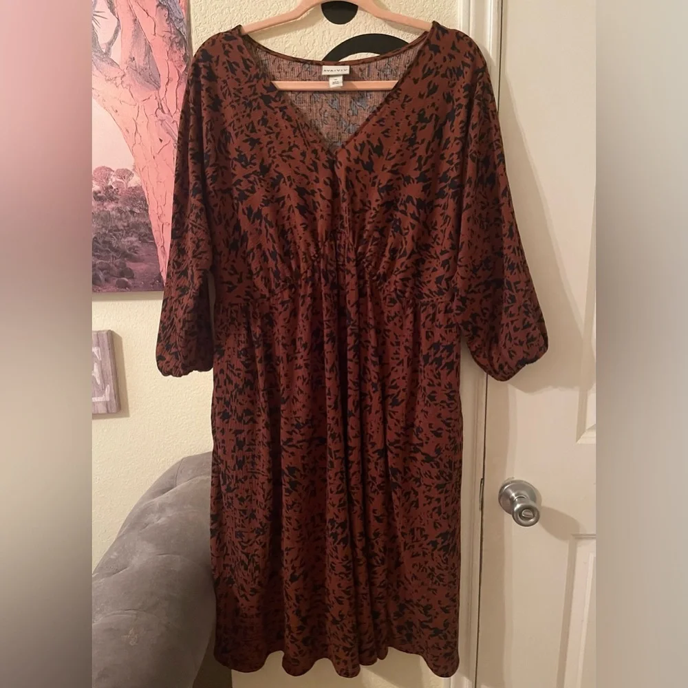 Plus Size Women’s brown/black Midi dress with 3/4 sleeves/ pockets size 1X pre